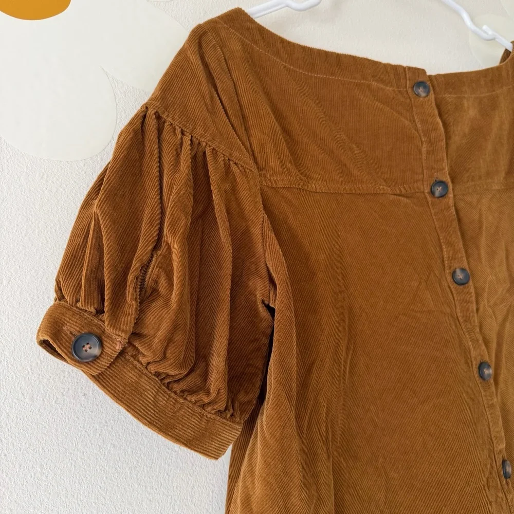 Free People Brown Corduroy Button Back Puff Boat Neck Top -Cording Around Blouse